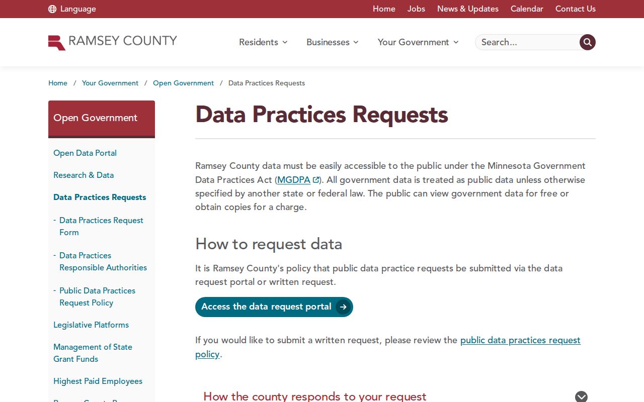 Roseville residents directory Ramsey County Data Practices request page