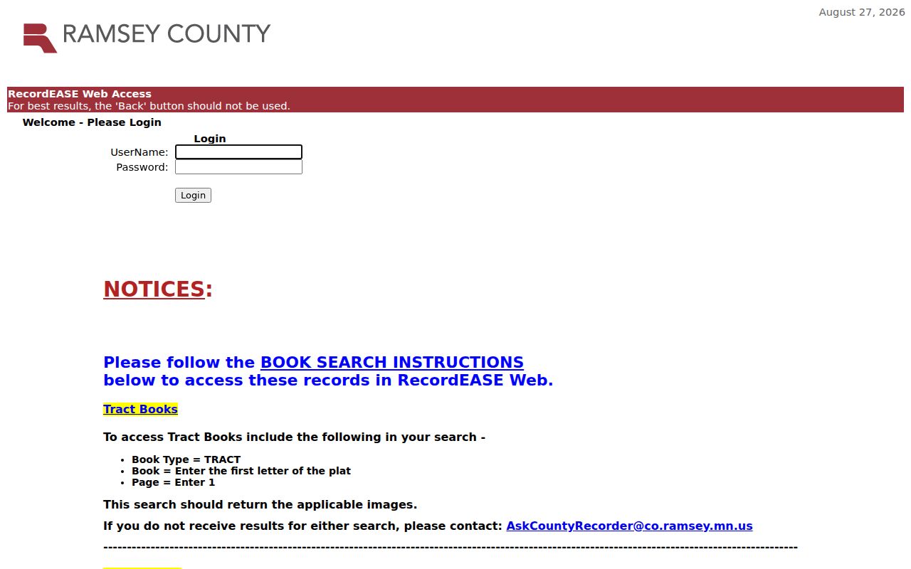 Roseville residents directory Ramsey RecordEASE access screen