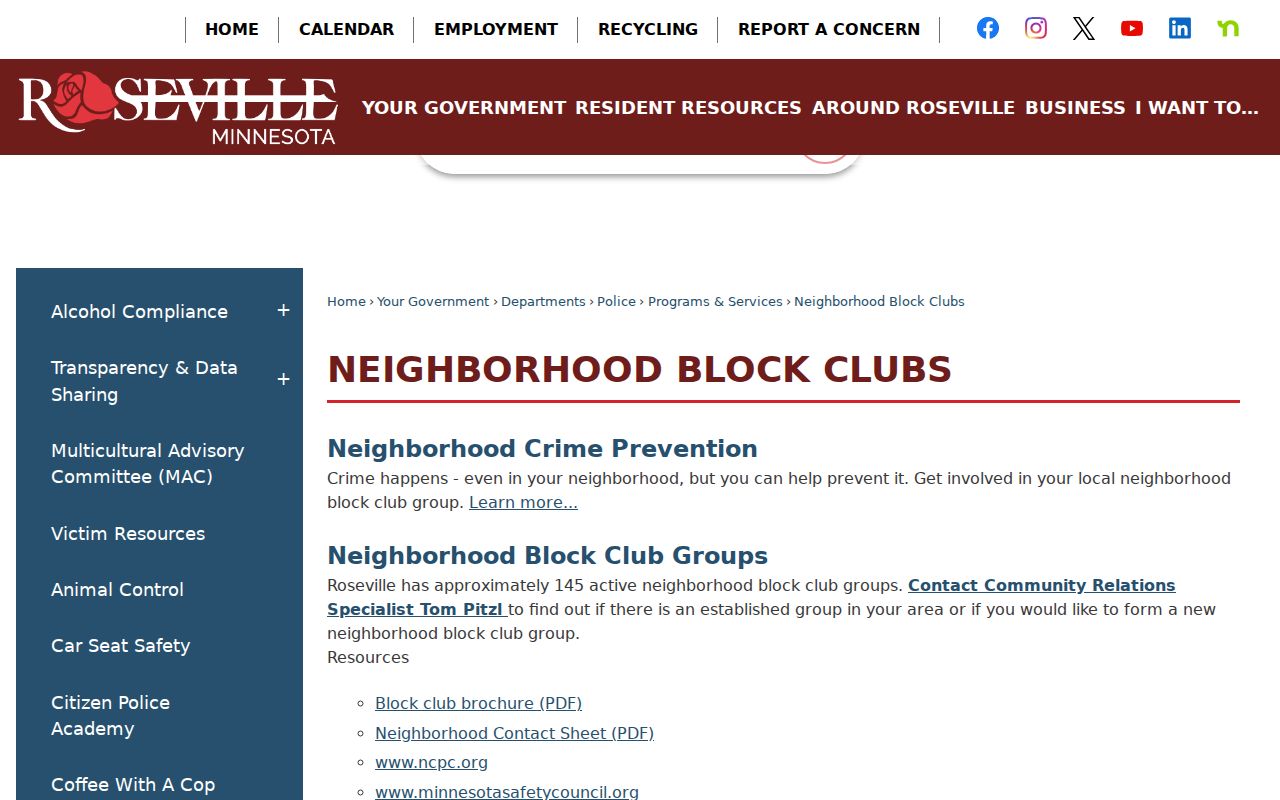 Roseville neighbors reference showing Roseville Neighborhood Block Clubs