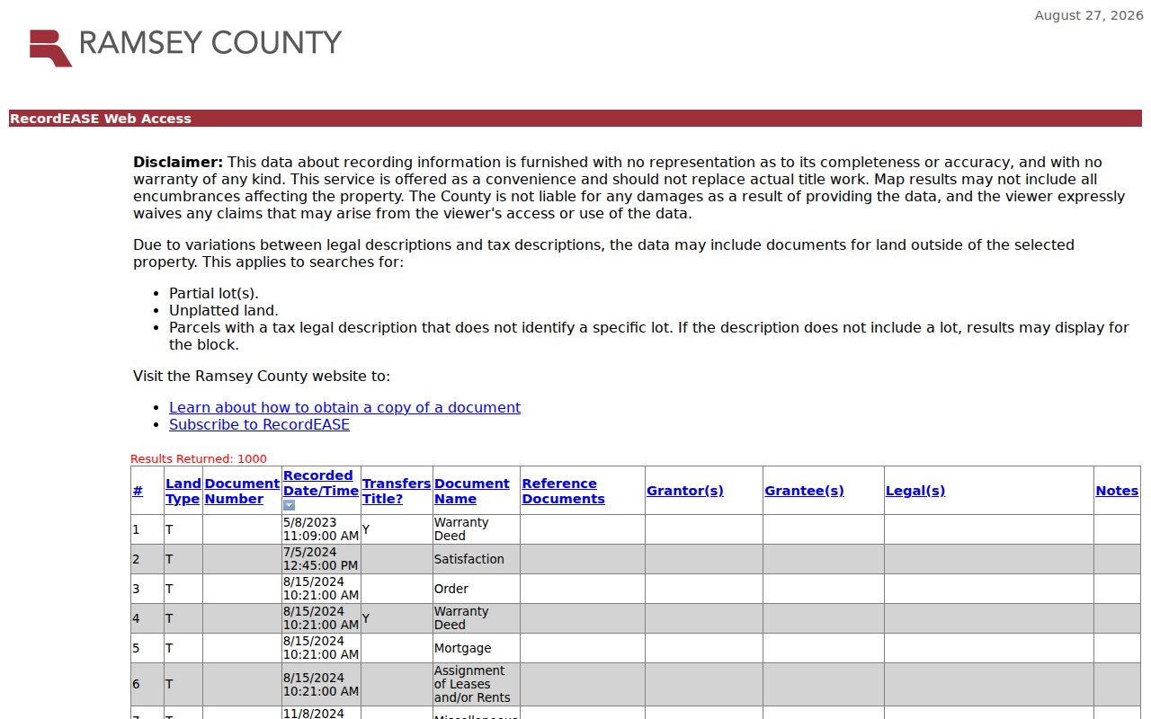 Roseville previous residents deed trail in a Ramsey County recorded document result