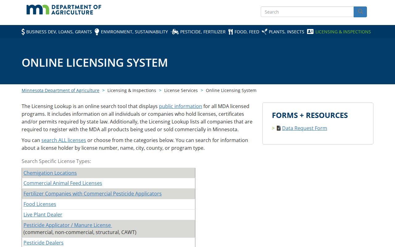 Roseville resident lookup reference showing Minnesota Agriculture license search