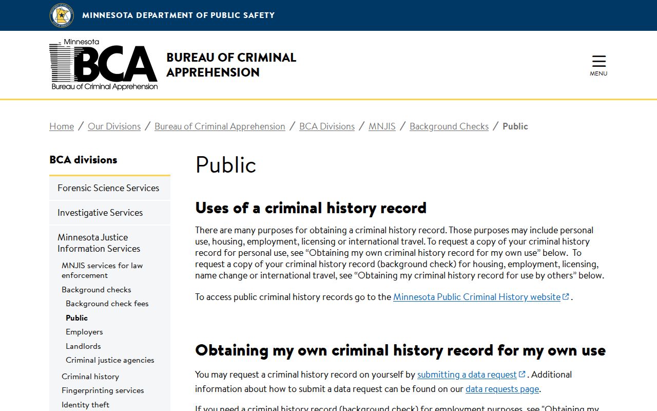 Roseville resident lookup reference showing Minnesota BCA public record request information