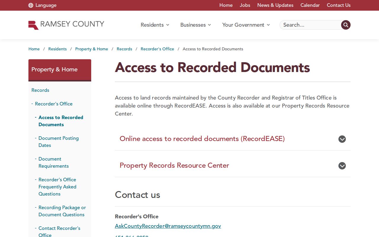 Roseville street directory Ramsey County recorded documents access page