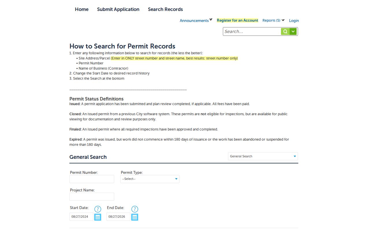 Roseville street directory public building permit search